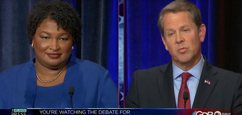 Georgia gubernatorial candidates Stacey Abrams and Brian Kemp spar over voting rights in their first debate. (Photo: <a href="http://www.gpb.org/election/press-club-debates" target="_blank">Georgia Public Broadcasting and the Atlanta Press Club</a>)