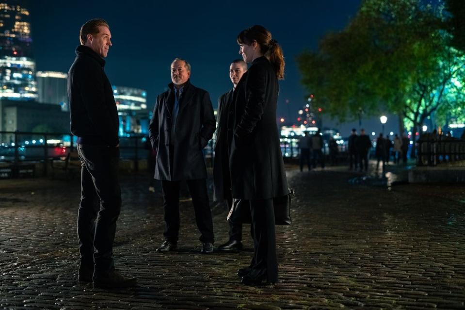 Damian Lewis (from left) returns to "Billions" in Season 7 with his old crew David Costabile as Mike "Wags" Wagner, Asia Kate Dillon as Taylor Mason and Maggie Siff as Wendy Rhoades.