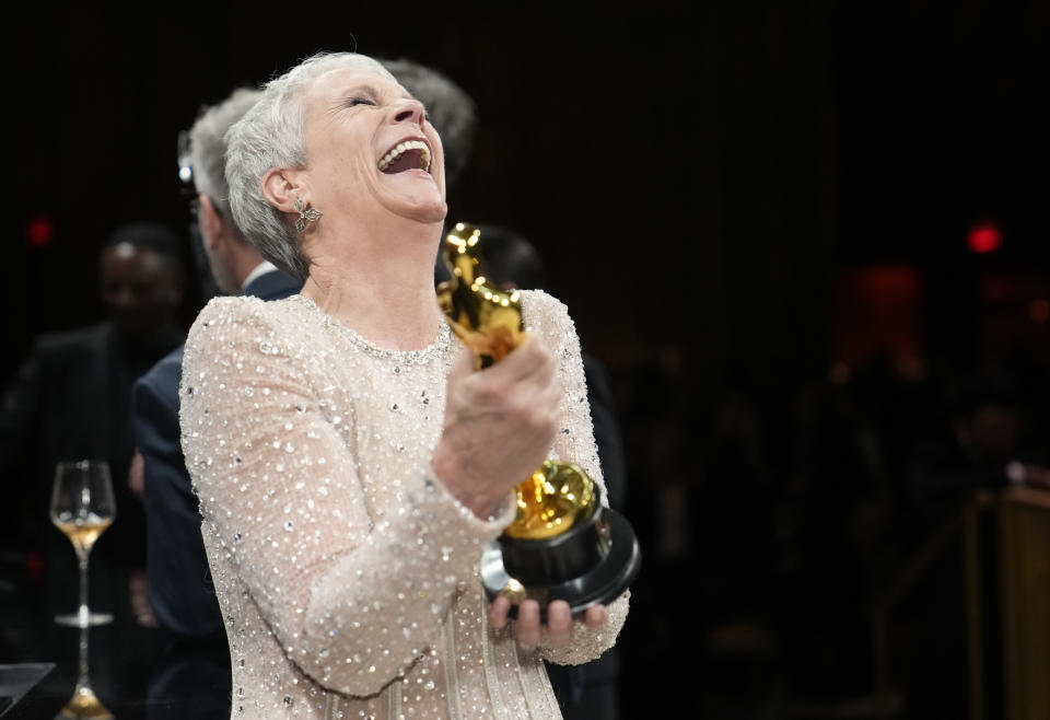 Jamie Lee Curtis, winner of the award for best performance by an actress in a supporting role for "Everything Everywhere All at Once," attends the Governors Ball after the Oscars on Sunday, March 12, 2023, at the Dolby Theatre in Los Angeles. (AP Photo/John Locher)
