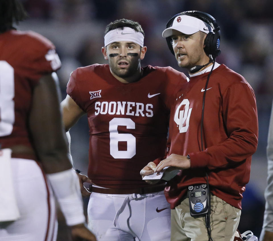 Baker Mayfield is looking for his third Big 12 title, but first with Lincoln Riley as head coach. (AP Photo/Sue Ogrocki)
