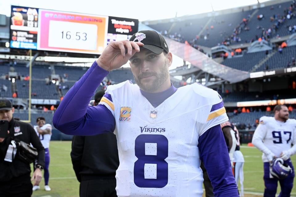 CHICAGO, ILLINOIS - OCTOBER 15: Kirk Cousins #8 of the Minnesota Vikings walks off the field after a win over the Chicago Bears at Soldier Field on October 15, 2023 in Chicago, Illinois. (Photo by Quinn Harris/Getty Images)