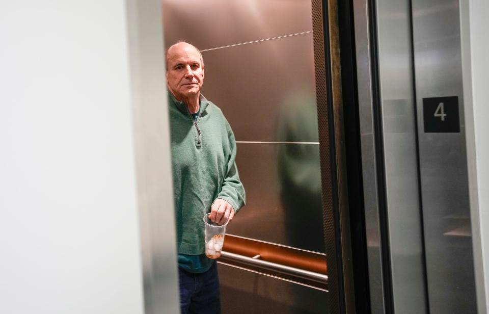 Feb 12, 2024; Columbus, Ohio, United States; Art Schlichter, former OSU quarterback, waits for the elevators after he was was dismissed form appearing for arraignment on cocaine possession charges in Franklin County Municipal Court.