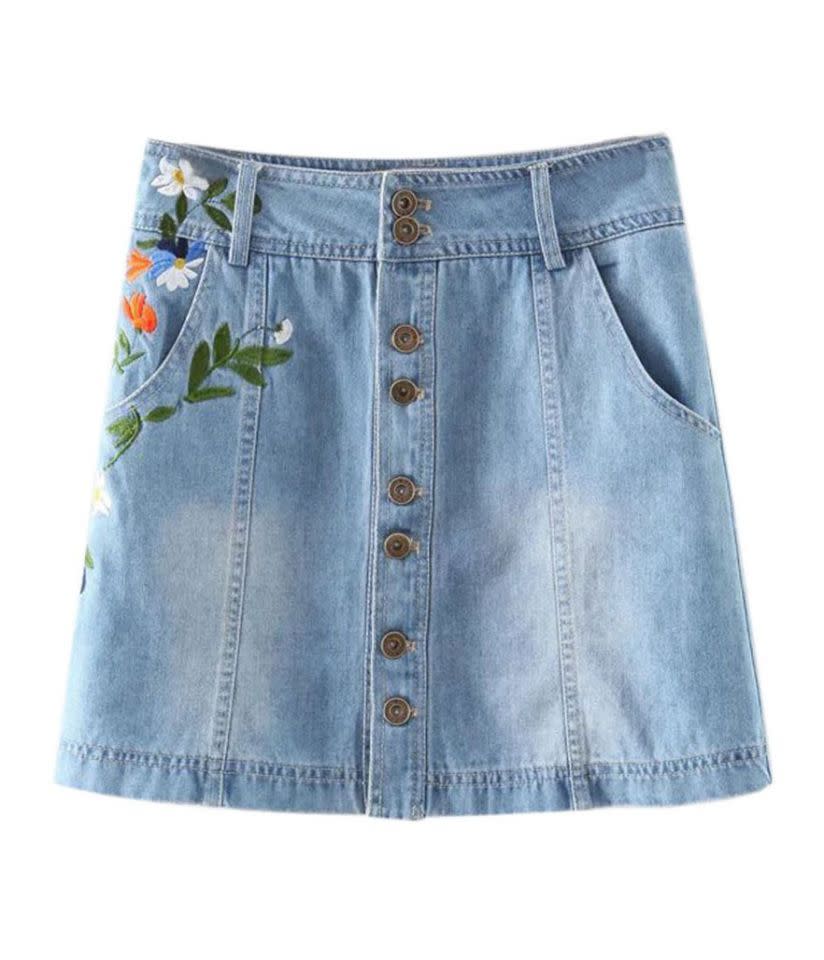 Mini jupe en jean brodée « Abracadabra Blue Lightwash High Waist Embroidery Denim Mini Skirt »