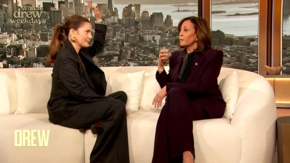 Drew Barrymore (left) talked about Disney’s idea of an evil stepmom on the CBS program to Vice President Kamala Harris, who has two stepchildren. The Drew Barrymore Show