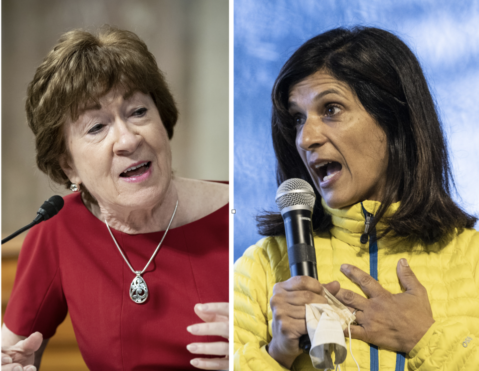 File: L-R: Maine Sen. Susan Collins (R); Senate candidate Sara Gideon (D) / Credit: Al Drago/Bloomberg via Getty Images; Sarah Rice/Bloomberg via Getty Images