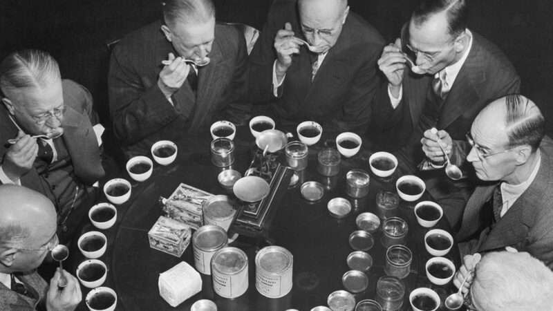 Members of the federal tea board sit around a table to taste tea