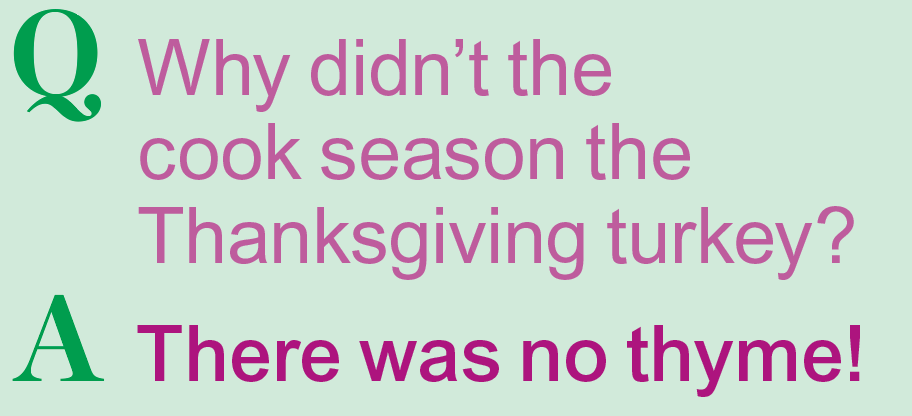 Thanksgiving jokes: Why didn't the cook season the Thanksgiving turkey? There was no thyme!