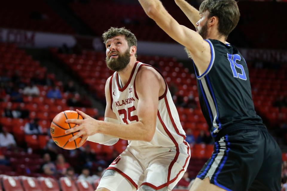 OU's Tanner Groves (35) looks to take a shot beside OCU's Jack McWilliams during an exhibition game Oct. 25 in Norman.