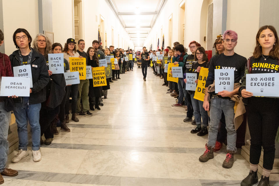 Activists demanding a Green New Deal staged protests in the offices of top Democratic lawmakers late last year.&nbsp; (Photo: SOPA IMAGES VIA GETTY IMAGES)