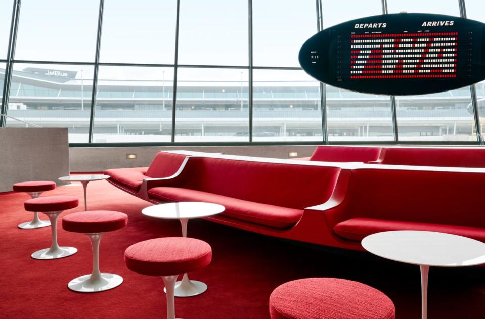 An air travel-inspired lounge area inside the Stonehill Taylor-designed TWA Hotel. 