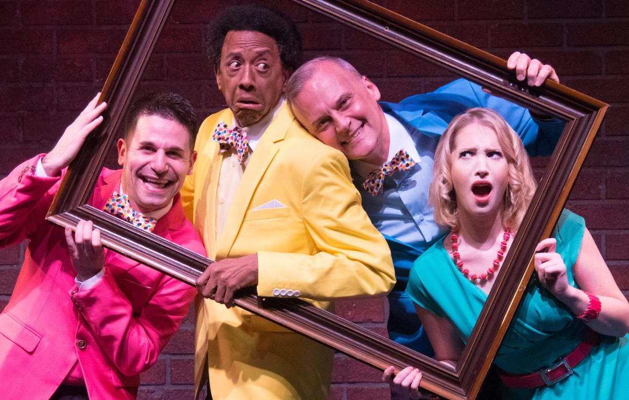 From left, Nick Anastasia, Richie McCall, William Selby and Jenna Cormey star in “Laughing Matters (Variant 6): Paranoia on Parade)” at Florida Studio Theatre.