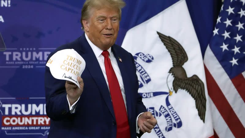 Republican presidential candidate and former President Donald Trump speaks during a rally, Saturday, Nov. 18, 2023, in Fort Dodge, Iowa. 