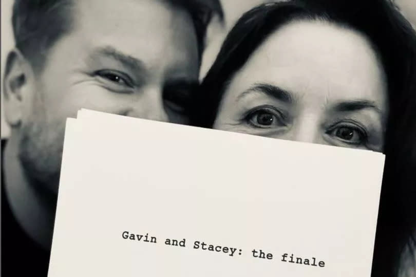 James Corden and Ruth Jones posing with the Gavin and Stacey the finale script