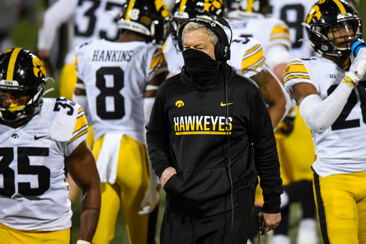 Iowa coach Kirk Ferentz looks on during a college football game between Iowa and Illinois on Dec. 5, 2020. (James Black/Icon Sportswire via Getty Images)