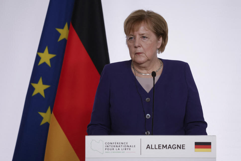 German Chancellor Angela Merkel speaks during a press conference on November 12, 2021.