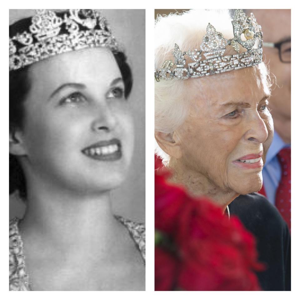 This combo of photos provided by the Pasadena Tournament of Roses shows Margaret Huntley Main in 1940 and 2021. Margaret Huntley Main, the 1940 Tournament of Roses queen and the oldest living titleholder, died last Friday, Nov. 24, 2023, in Auburn, Calif., the Tournament of Roses said in a statement Tuesday, Nov. 28. She was 102. (Pasadena Tournament of Roses via AP)