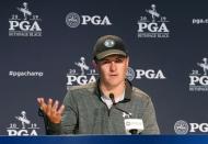 May 17, 2019; Bethpage, NY, USA; Jordan Spieth addresses the media during a press conference after the second round of the PGA Championship golf tournament at Bethpage State Park - Black Course. Mandatory Credit: Angie Walton-USA TODAY Sports