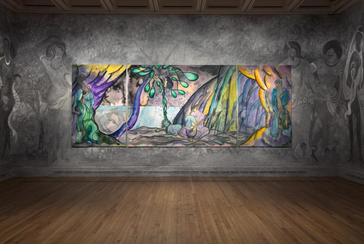 Imitation: Ofili’s tapestry, The Caged Bird Song: Chris Ofili. Courtesy the artist and Victoria Miro, London