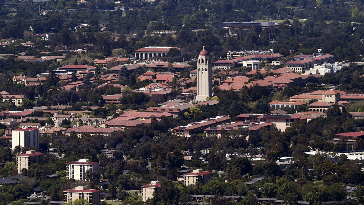 Stanford University's campus, dominated by the Hoover Tower.