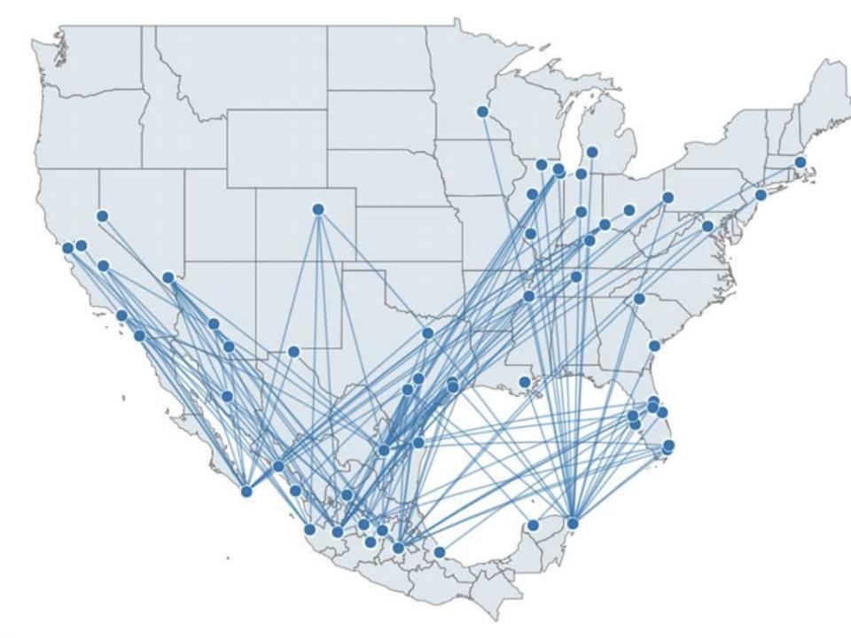 Allegiant Air and Viva Aerobus' prospective 5-year route map.