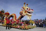 The Donate Life float, winner of the Sweepstakes Award, rolls down Colorado Boulevard at the 134th Rose Parade in Pasadena, Calif., Monday, Jan. 2, 2023. (AP Photo/Michael Owen Baker)