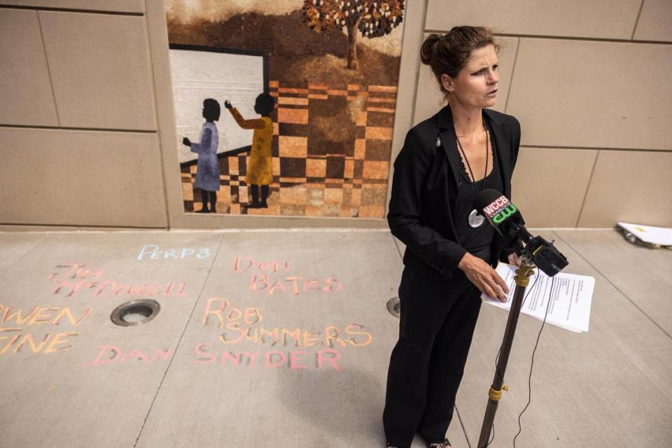 Letta Cartlige speaks outside of the Charles R. Jonas courthouse in Charlotte, N.C., on Monday, August 15, 2022.