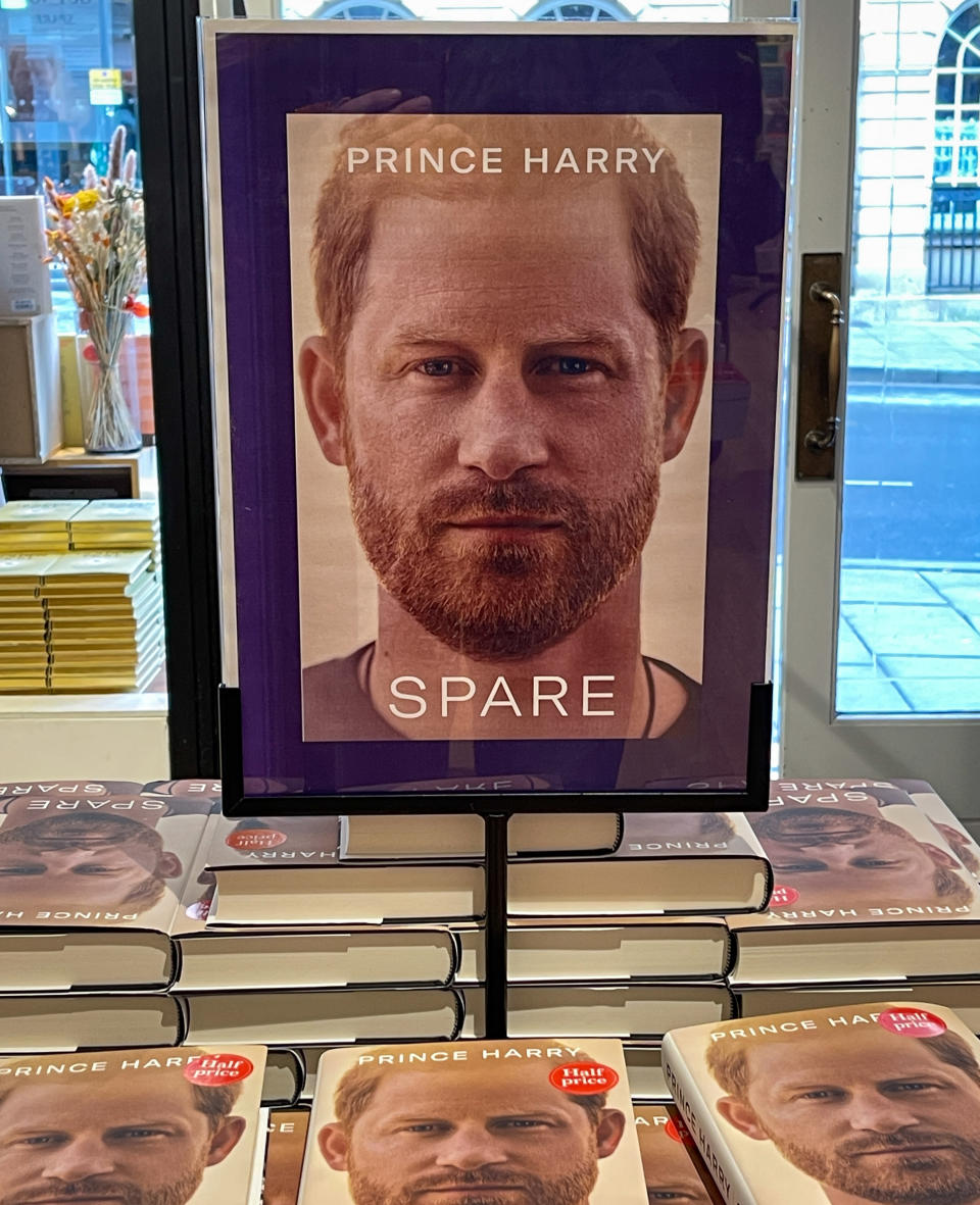 Prince Harry's book on display in a book store on January 22, 2023 in Bath, England