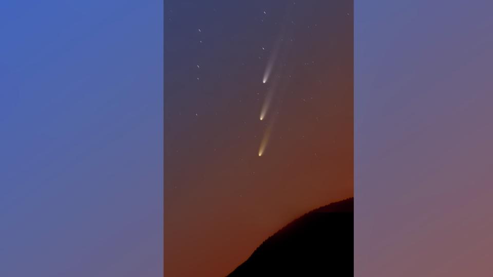  Composite image of three comet images showing the comet rising above the horizon in the early predawn sky. . 