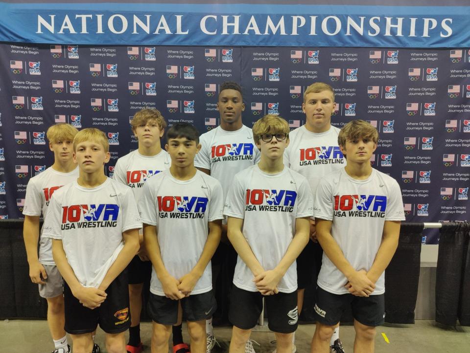 Team Iowa finished with 8 All-Americans at the 16U men's freestyle national championships. Mac Crosson, front row far left, and Dreshaun Ross, back row second from right, won national titles.