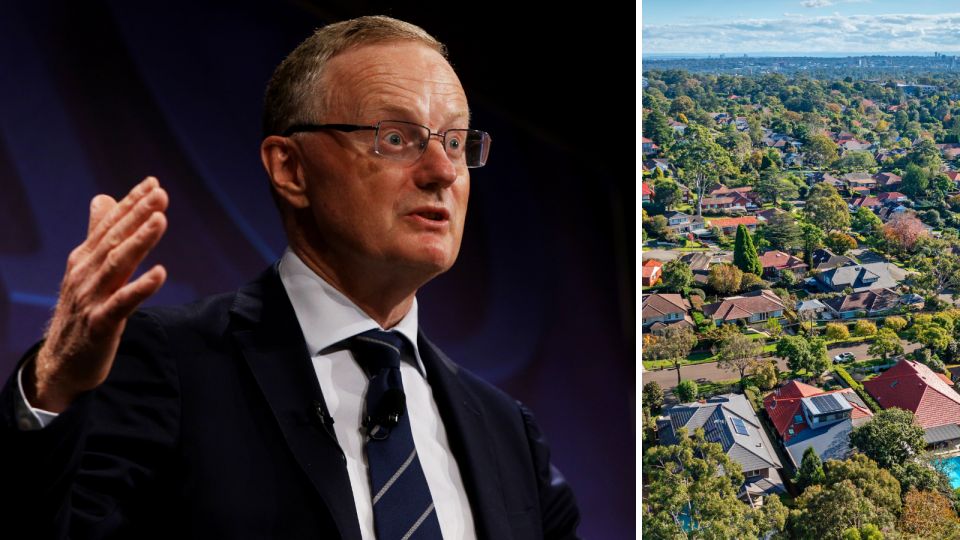 The RBA governor Philip Lowe speaking at the National Press Club in Sydney and the aerial view of property in Australia.