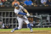 Aug 7, 2018; Chicago, IL, USA; New York Yankees right fielder Giancarlo Stanton (27) hits a two run home run during the tenth inning against the Chicago White Sox at Guaranteed Rate Field. Patrick Gorski-USA TODAY Sports