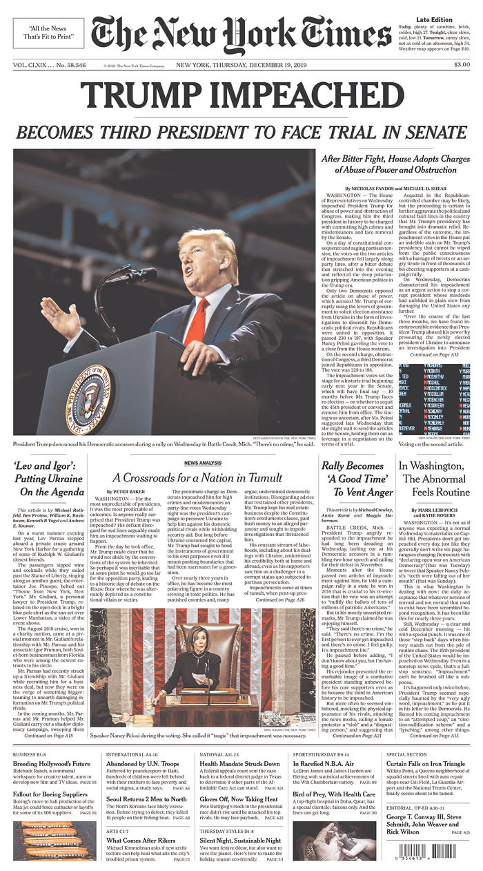 The front page of Thursday's New York Times. (Newseum.org)