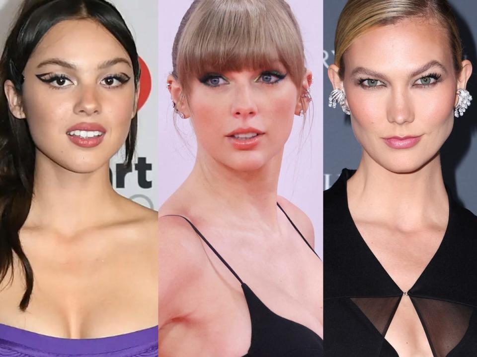 separate photos of olivia rodrigo, taylor swift, and karlie kloss