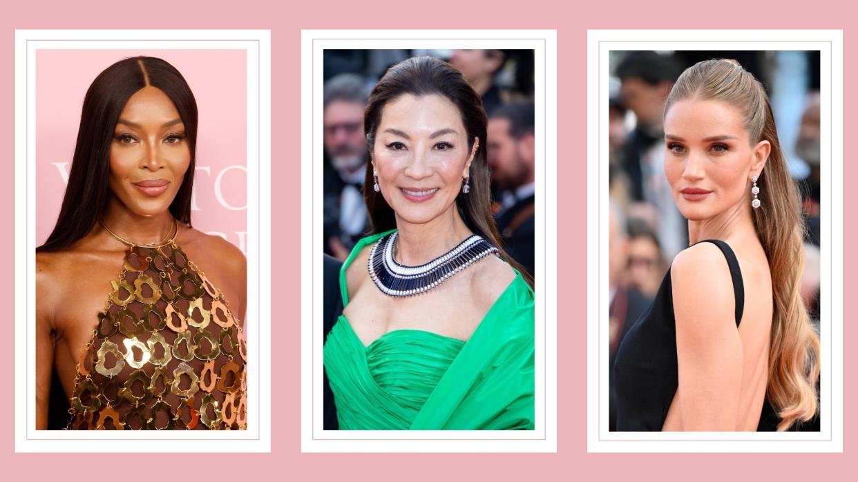  Naomi Campbell, Michelle Yeoh and Rosie Huntington-Whiteley pictured with glowy skin/ in a pink template. 