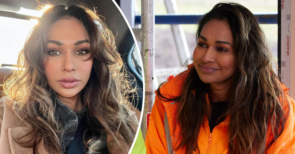 L: Sharon Johal takes a selfie in a car. R: Sharon Johal on The Block in a high-vis vest