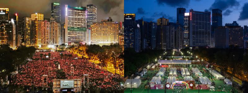 ▲香港連年在維園舉辦六四紀念燭光晚會，左圖為2019年人潮湧入點燃燭光盛況，右圖則為2023年取而代之的「家鄉市集嘉年華」現場。（圖／美聯社／達志影像）