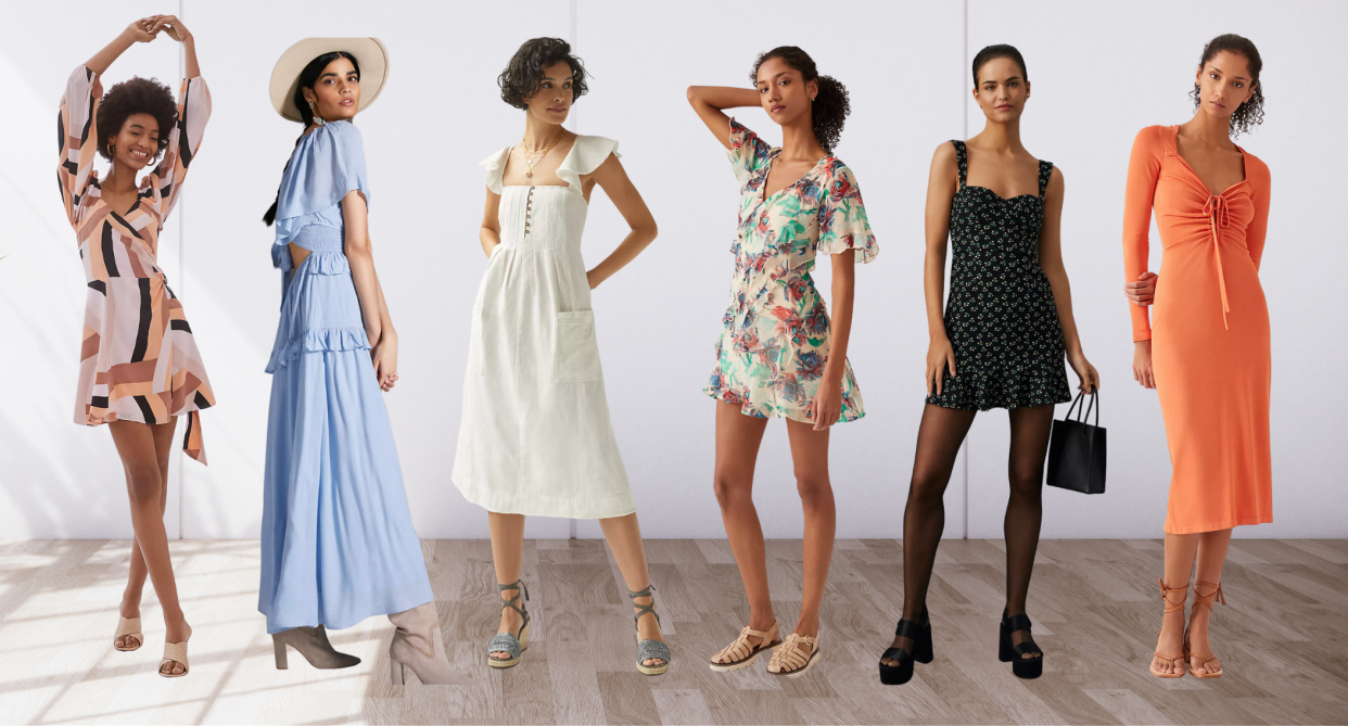 models wearing anthropologie dresses in blue, white, black, and orange