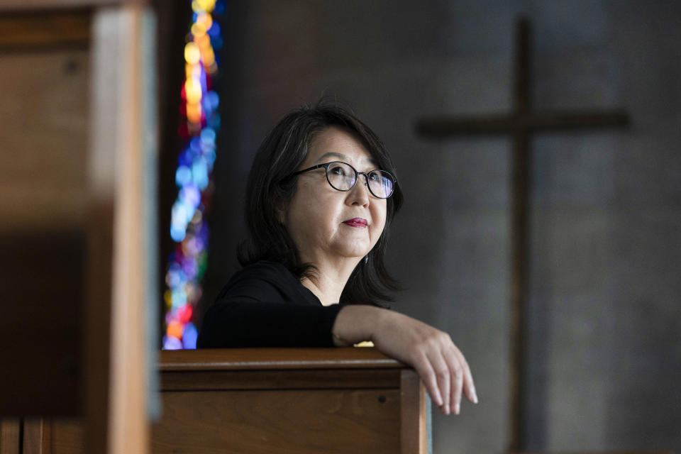 The Rev. Kyunglim Shin Lee, Vice President for International Relations at the Wesley Theological Seminary, poses for a portrait, Thursday, March 10, 2022, in the chapel at the Seminary in Washington. (AP Photo/Jacquelyn Martin)