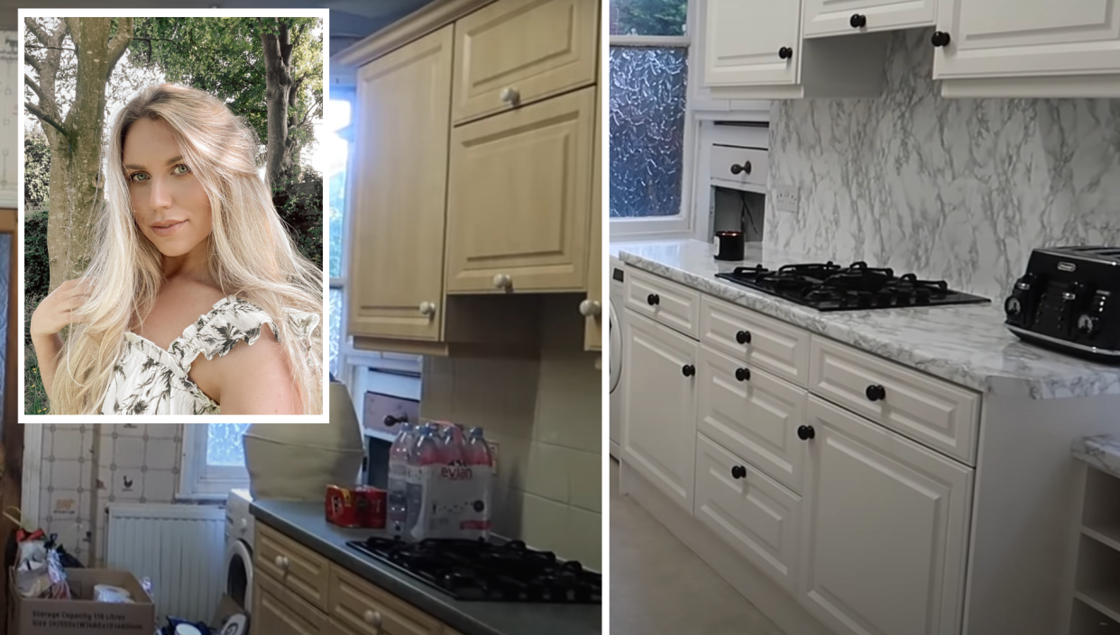 A woman has transformed her dark and dated kitchen for less than £500. (Supplied: Freya Farrington/latestdeals.co.uk)