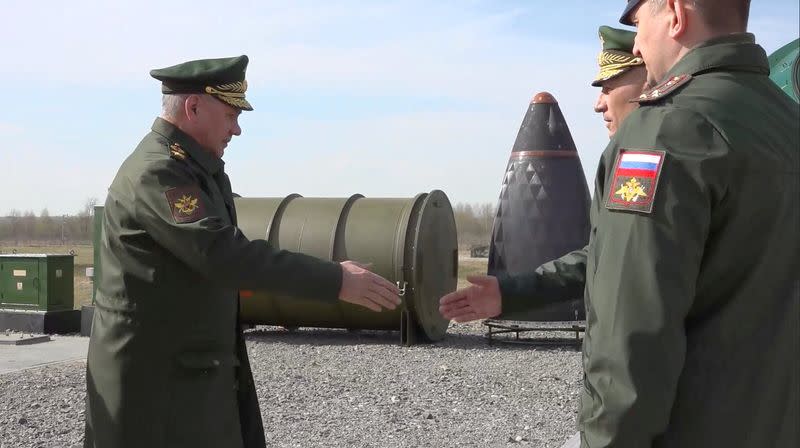 Russian Defence Minister Sergei Shoigu inspects newly installed silo-based "Yars" strategic missile systems in the Kaluga Region