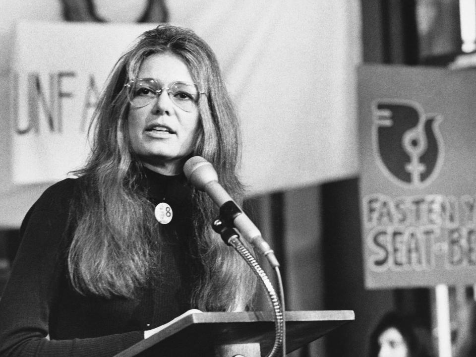American feminist and activist Gloria Steinem speaks at a rally outside the United Nations, New York, New York, 1978.