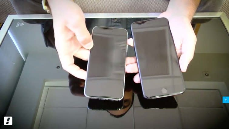 A still from a Walla video showing what's reportedly a dummy iPhone 8 (left) next to an iPhone 7 Plus. (Credit: Walla)