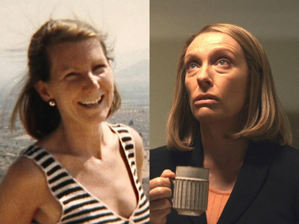 Kathleen Peterson in an undated photo, left; right, Toni Collette as Kathleen on HBO Max's "The Staircase."