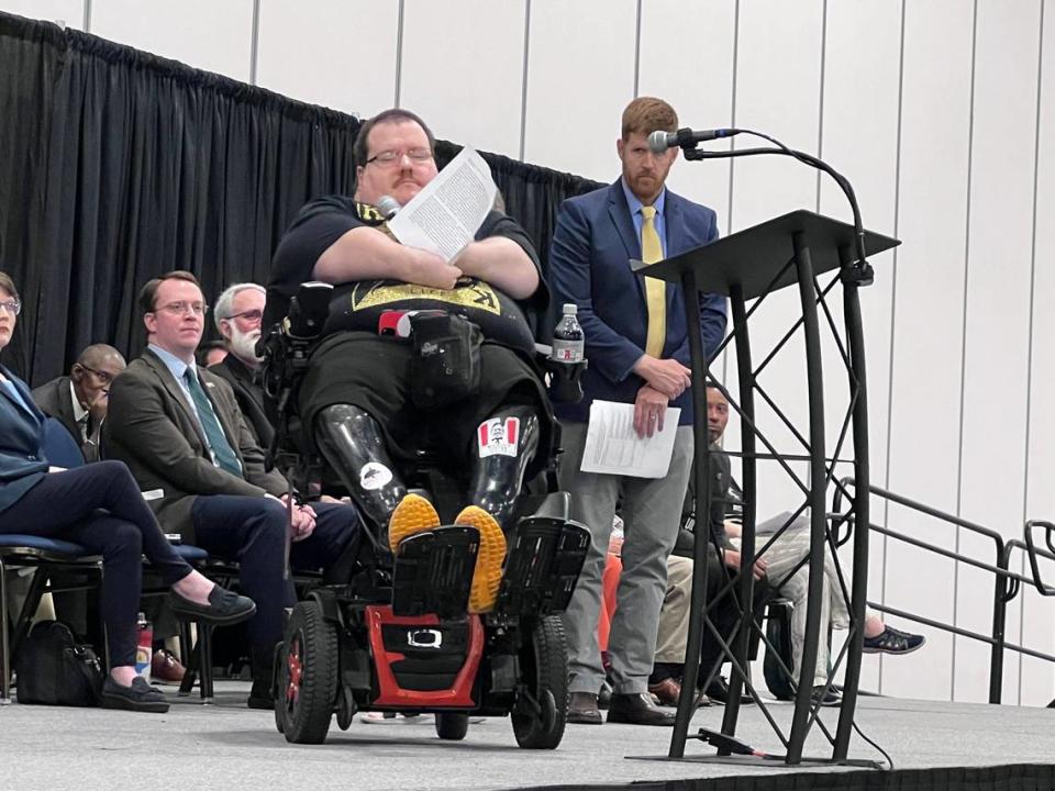 Vladimir Stafford tells of being left at Walmart overnight during a shopping trip by the city’s Wheels paratransit service during BULD’s 2024 Nehemiah Action Assembly at the Central Bank Center in Lexington, Ky. on April 30, 2024.