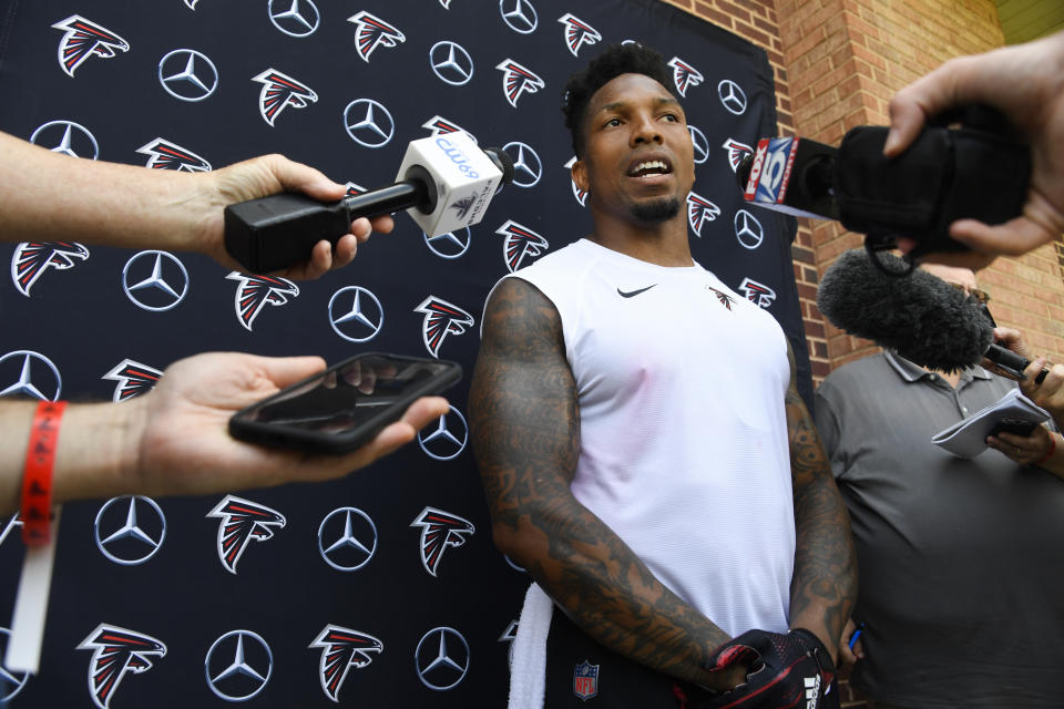 FILE - In this May 23, 2019, file photo, Atlanta Falcons safety Ricardo Allen talks to reporters after NFL football practice in Flowery Branch, Ga. Allen chooses to stay home even when Georgia has opened up many businesses. Allen says he'd rather stay safe and acknowledges he is nervous when contemplating the possible time the Falcons will welcome players back to their facility as the NFL has set protocols for reopening team facilities during the coronavirus pandemic. (AP Photo/John Amis, File)