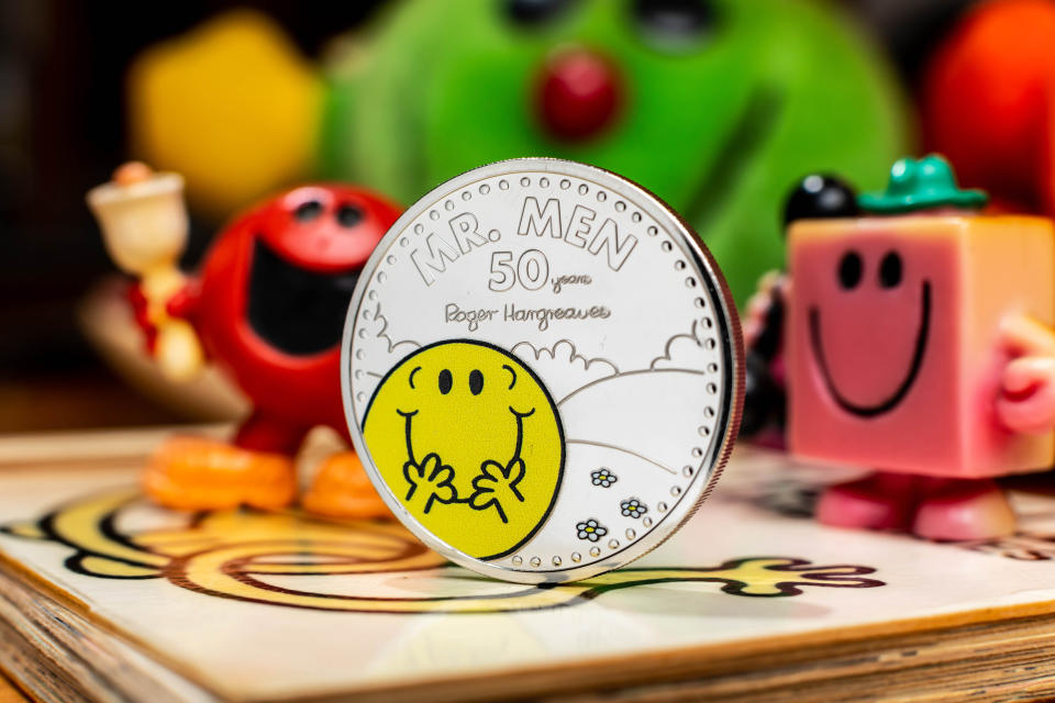 EMBARGOED TO 0001 TUESDAY FEBRUARY 16 EDITORIAL USE ONLY The Royal Mint unveils a new �5 Mr Happy coin, which launches today to celebrate 50 years of the Mr Men and Little Miss characters. Issue date: Tuesday February 16, 2021.