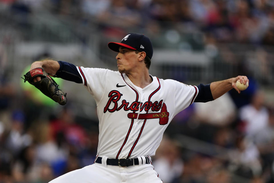 Atlanta Braves starting pitcher Max Fried works in the first inning of a baseball game against the New York Mets, Monday, May 17, 2021, in Atlanta. (AP Photo/John Bazemore)