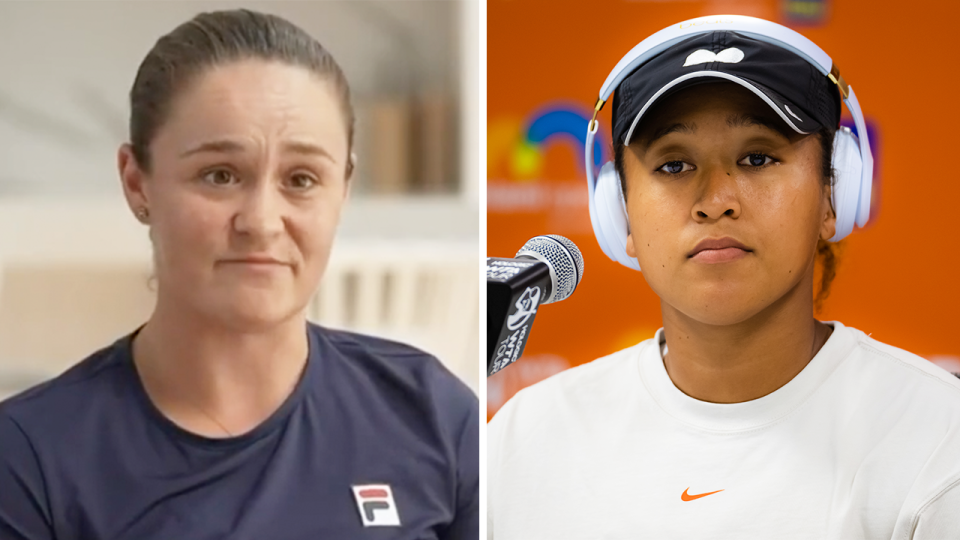 Naomi Osaka (pictured right) during a press conference and (pictured left) Ash Barty during an interview.