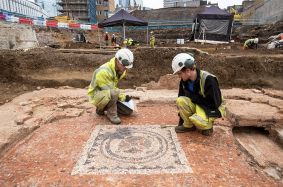 A rare Roman mausoleum was unearthed at a London development site. The upper mosaic of the mausoleum was added when the floor of the structure was raised.  / Credit: Museum of London Archaeology