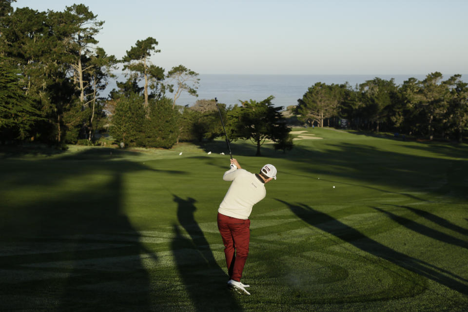 Patrick Cantlay hits from the first fairway during the first round of the AT&T Pebble Beach National Pro-Am golf tournament Thursday, Feb. 6, 2020, in Pebble Beach, Calif. (AP Photo/Eric Risberg)